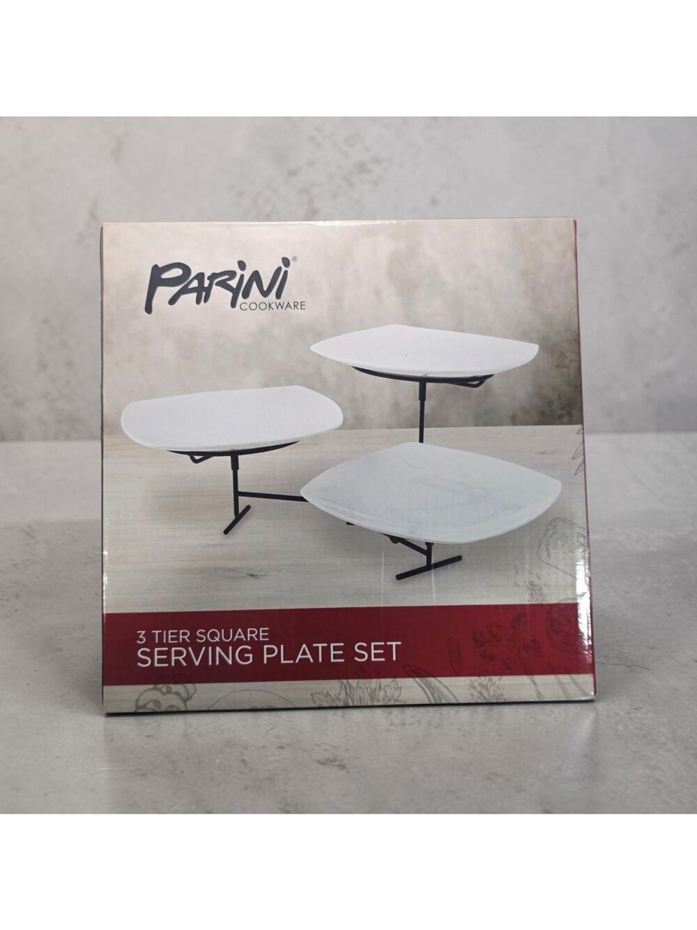 Parini Cookware 3 Tier Square Serving Plate Set White Ceramic Plates & Stand New